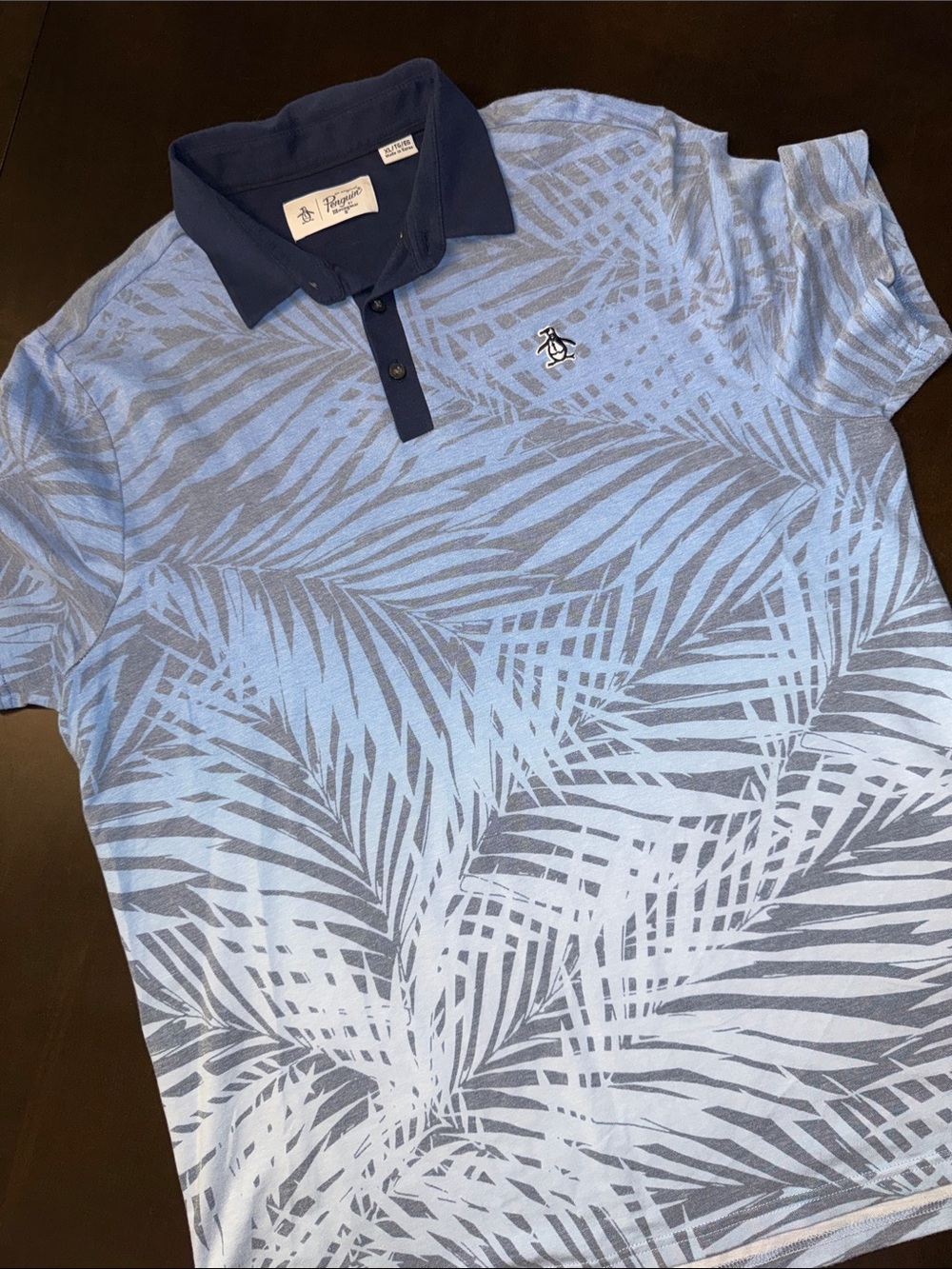 Original Penguin Light Blue and Navy Palm-Print Polo